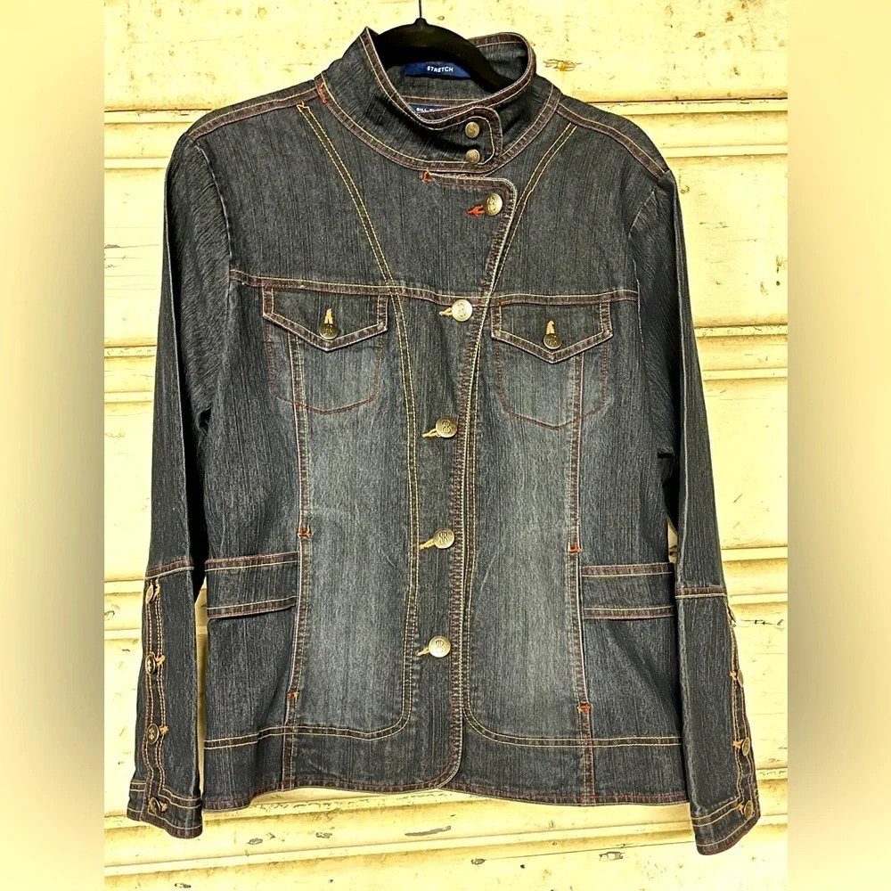 Vintage Bill Blass Jean Jacket, dark wash stretch, size L